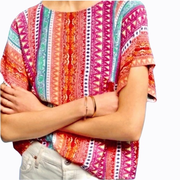 MAEVE ANTHROPOLOGIE Milla Boho Top Vibrant Multi Colour Short Sleeves Loose Fit - Picture 3 of 8